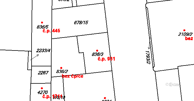 Pražské Předměstí 931, Hradec Králové na parcele st. 836/3 v KÚ Pražské Předměstí, Katastrální mapa