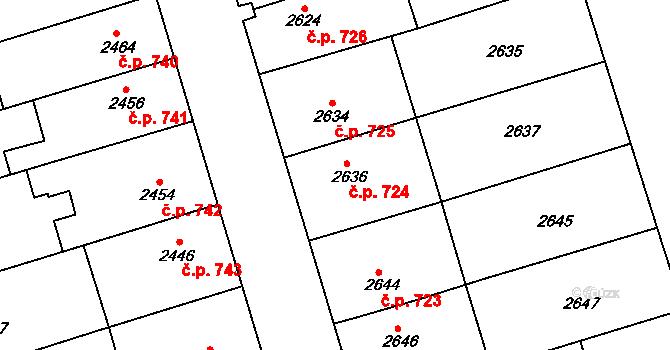 Šlapanice 724 na parcele st. 2636 v KÚ Šlapanice u Brna, Katastrální mapa