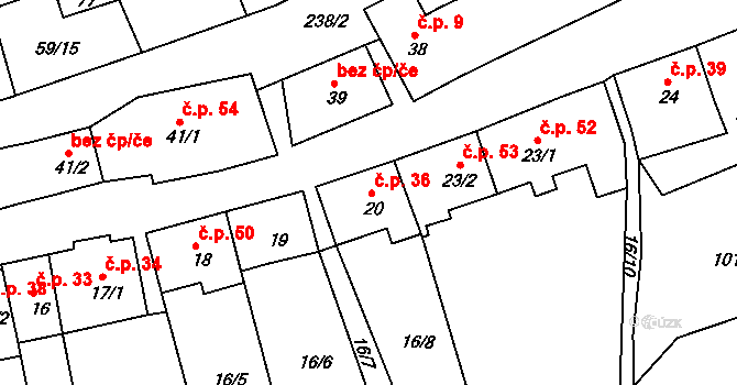 Hřešihlavy 36, Kladruby na parcele st. 20 v KÚ Hřešihlavy, Katastrální mapa