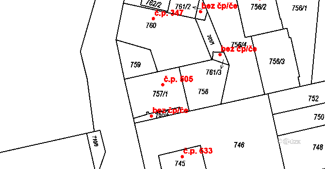 Lobzy 505, Plzeň na parcele st. 757/1 v KÚ Lobzy, Katastrální mapa