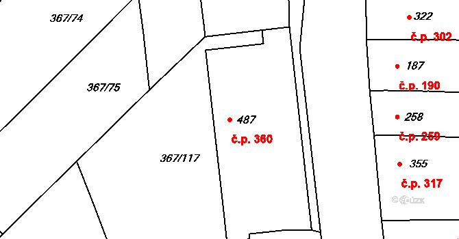 Čebín 360 na parcele st. 487 v KÚ Čebín, Katastrální mapa