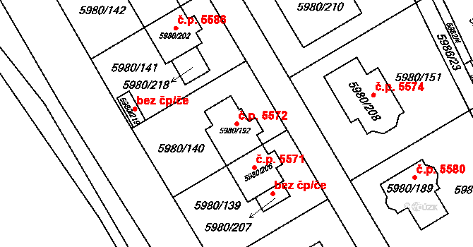 Chomutov 5572 na parcele st. 5980/192 v KÚ Chomutov I, Katastrální mapa