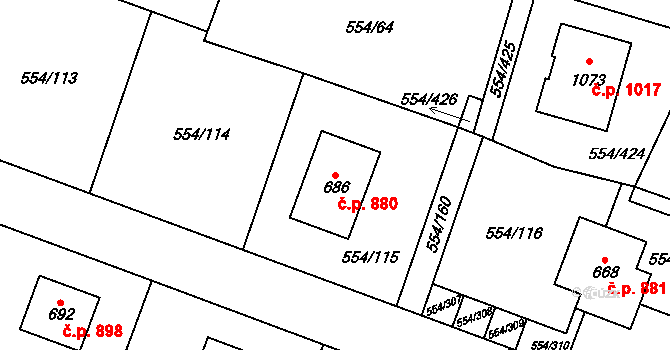 Bašť 880 na parcele st. 686 v KÚ Bašť, Katastrální mapa
