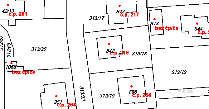 Krhanice 216 na parcele st. 842 v KÚ Krhanice, Katastrální mapa