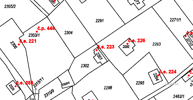 Buchlovice 223 na parcele st. 2301 v KÚ Buchlovice, Katastrální mapa