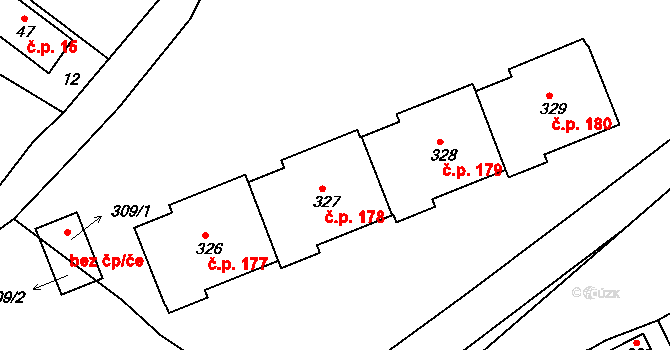 Loučná 178, Lom na parcele st. 327 v KÚ Loučná u Lomu, Katastrální mapa