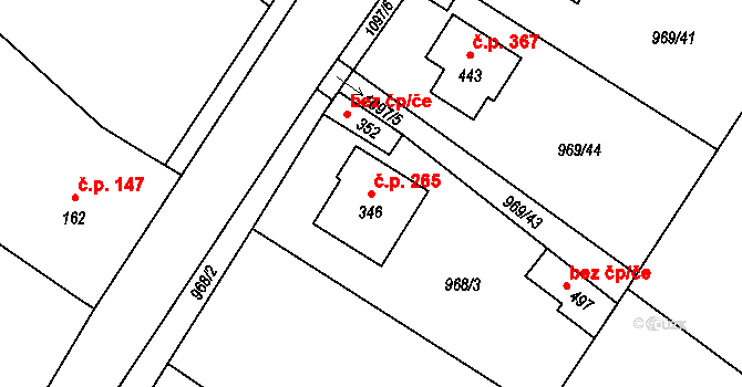 Dřísy 265 na parcele st. 346 v KÚ Dřísy, Katastrální mapa