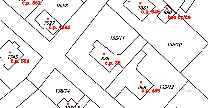 Neratovice 38 na parcele st. 835 v KÚ Neratovice, Katastrální mapa