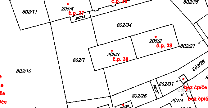 Meclov 39 na parcele st. 205/3 v KÚ Meclov, Katastrální mapa