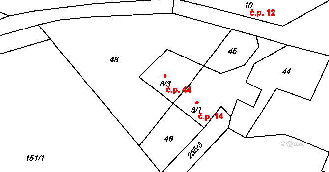 Lipka 44, Horní Bradlo na parcele st. 8/3 v KÚ Lipka, Katastrální mapa