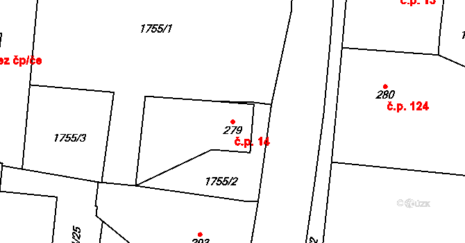 Dolní Ples t. Vodní Ples 14, Rasošky na parcele st. 279 v KÚ Rasošky, Katastrální mapa