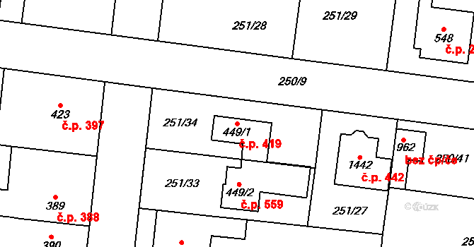Rosice 419, Pardubice na parcele st. 449/1 v KÚ Rosice nad Labem, Katastrální mapa