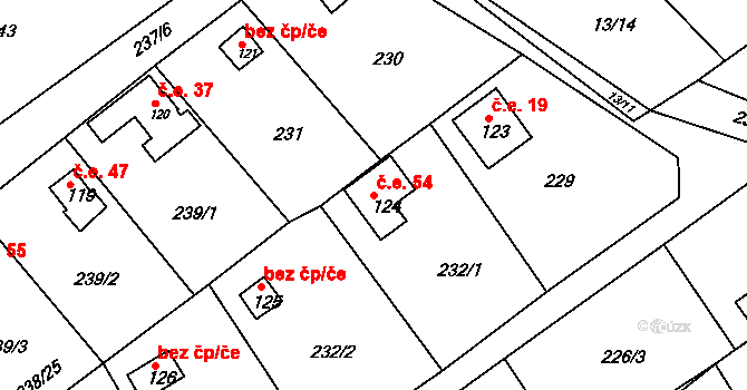 Drmaly 54, Vysoká Pec na parcele st. 124 v KÚ Drmaly, Katastrální mapa