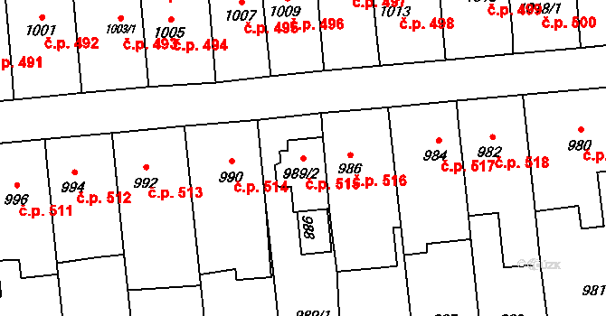 Fulnek 515 na parcele st. 989/2 v KÚ Fulnek, Katastrální mapa
