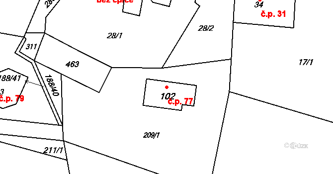 Trubská 77 na parcele st. 102 v KÚ Trubská, Katastrální mapa