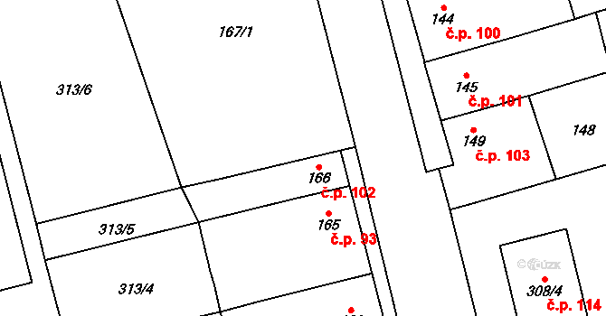 Bílovice 102, Bílovice-Lutotín na parcele st. 166 v KÚ Bílovice, Katastrální mapa