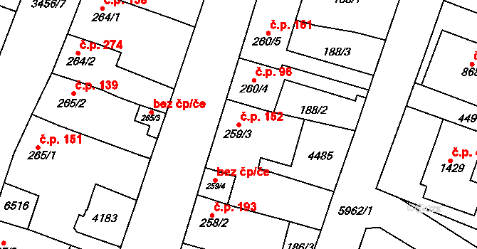 Hrušovany nad Jevišovkou 152 na parcele st. 259/3 v KÚ Hrušovany nad Jevišovkou, Katastrální mapa