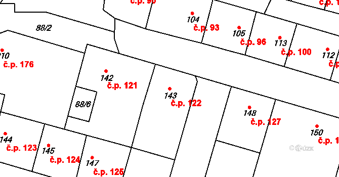 Hospozín 122 na parcele st. 143 v KÚ Hospozín, Katastrální mapa