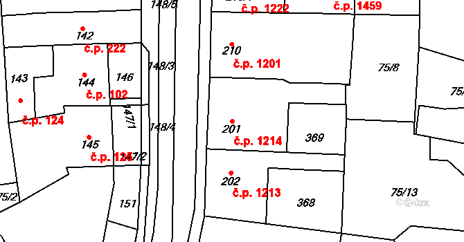 Švermov 1214, Kladno na parcele st. 201/1 v KÚ Hnidousy, Katastrální mapa