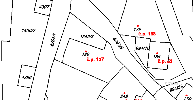 Hošťka 127 na parcele st. 186 v KÚ Hošťka, Katastrální mapa