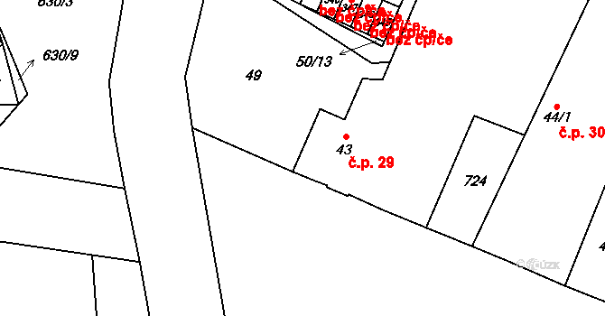 Lovčice 29 na parcele st. 43 v KÚ Lovčice u Nového Bydžova, Katastrální mapa