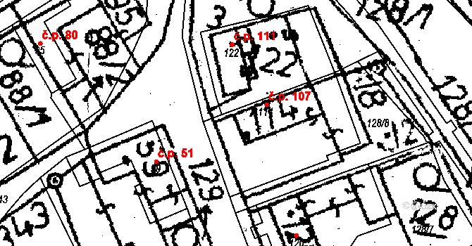 Těmice 107 na parcele st. 114 v KÚ Těmice u Kamenice nad Lipou, Katastrální mapa