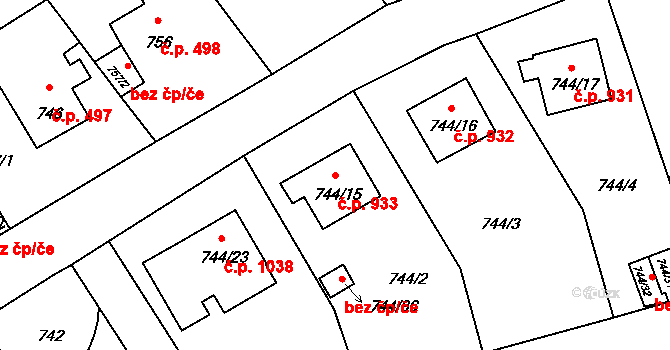 Pelhřimov 933 na parcele st. 744/15 v KÚ Pelhřimov, Katastrální mapa