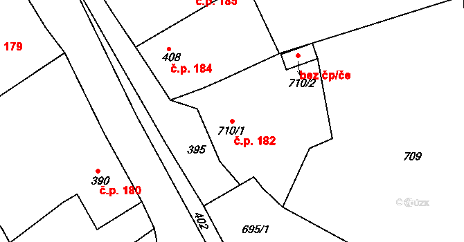 Hodkovice nad Mohelkou 182 na parcele st. 710/1 v KÚ Hodkovice nad Mohelkou, Katastrální mapa