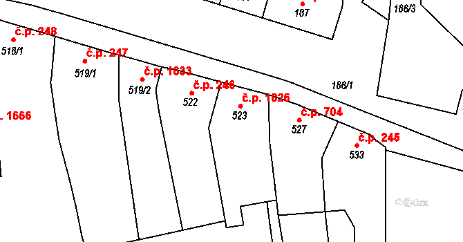 Šlapanice 1026 na parcele st. 523 v KÚ Šlapanice u Brna, Katastrální mapa