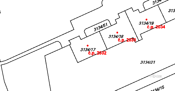 Východní Předměstí 2032, Plzeň na parcele st. 3134/17 v KÚ Plzeň, Katastrální mapa