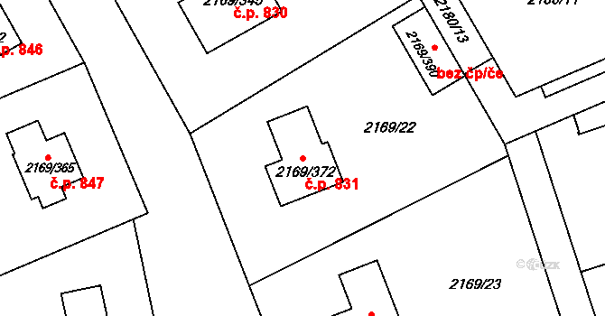 Velká Bystřice 831 na parcele st. 2169/372 v KÚ Velká Bystřice, Katastrální mapa