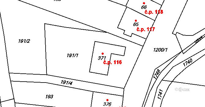 Pilníkov 116 na parcele st. 371 v KÚ Pilníkov I, Katastrální mapa