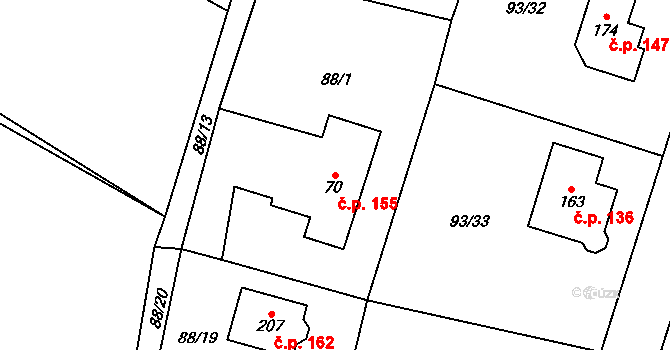 Hoděšovice 155, Býšť na parcele st. 70 v KÚ Hoděšovice, Katastrální mapa