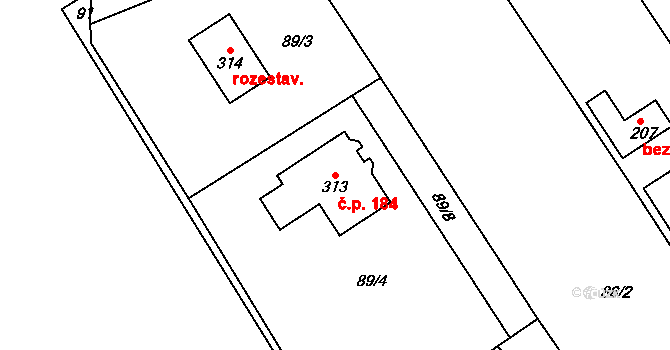 Svojkovice 184 na parcele st. 313 v KÚ Svojkovice, Katastrální mapa