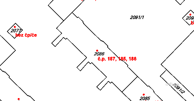 Žďár nad Sázavou 1 185,186,187, Žďár nad Sázavou na parcele st. 2086 v KÚ Město Žďár, Katastrální mapa