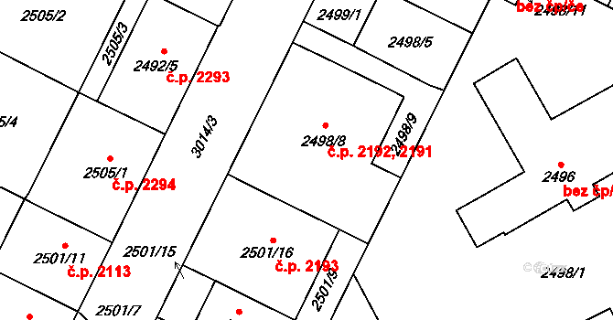 Předměstí 2191,2192, Opava na parcele st. 2498/8 v KÚ Opava-Předměstí, Katastrální mapa