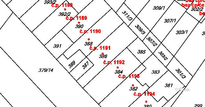 Hluk 1192 na parcele st. 386 v KÚ Hluk, Katastrální mapa
