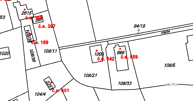 Rajchardov 642, Hradištko na parcele st. 1000 v KÚ Hradištko pod Medníkem, Katastrální mapa