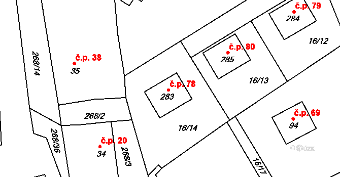Úžice 78 na parcele st. 283 v KÚ Úžice u Kutné Hory, Katastrální mapa