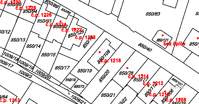Mohelnice 1218 na parcele st. 850/108 v KÚ Mohelnice, Katastrální mapa
