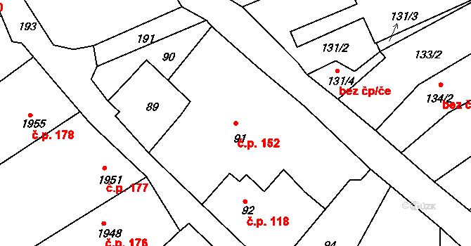 Odry 152 na parcele st. 91 v KÚ Odry, Katastrální mapa