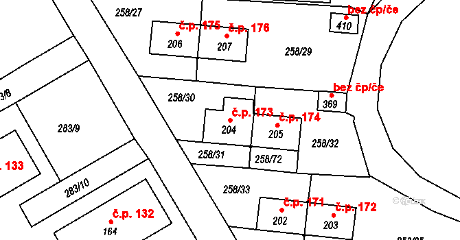 Loučovice 173 na parcele st. 204 v KÚ Loučovice, Katastrální mapa