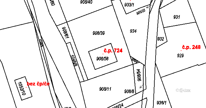 Chrást 724 na parcele st. 908/58 v KÚ Chrást u Plzně, Katastrální mapa