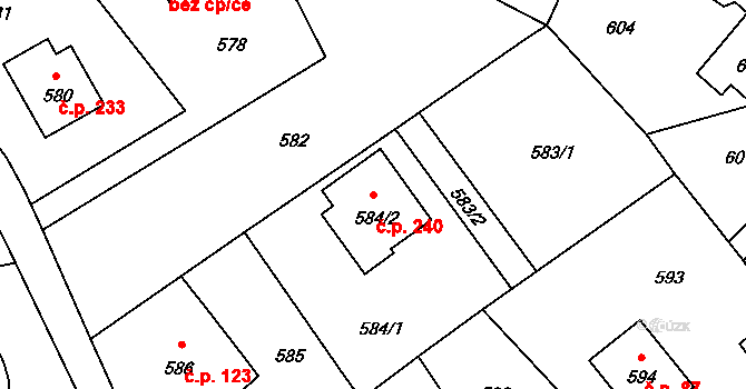 Černé Budy 240, Sázava na parcele st. 584/2 v KÚ Černé Budy, Katastrální mapa