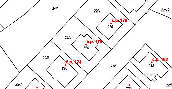 Kovanice 175 na parcele st. 216 v KÚ Kovanice, Katastrální mapa