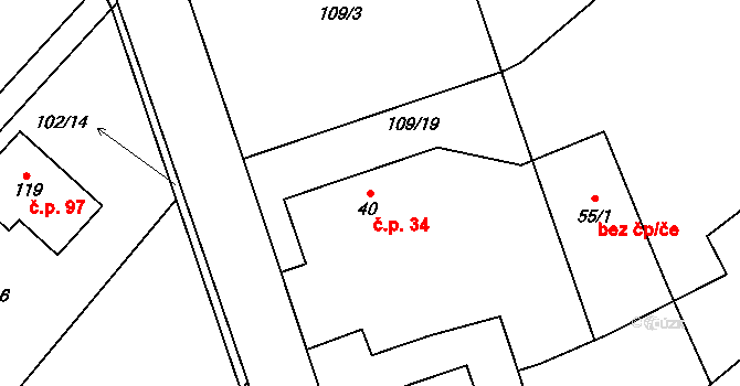 Chmeliště 34, Vavřinec na parcele st. 40 v KÚ Chmeliště, Katastrální mapa