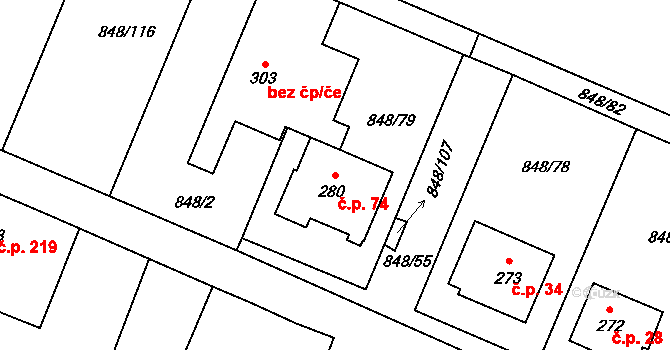 Černuc 74 na parcele st. 280 v KÚ Černuc, Katastrální mapa