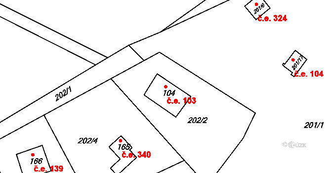 Hostěradice 103, Kamenný Přívoz na parcele st. 104 v KÚ Hostěradice, Katastrální mapa