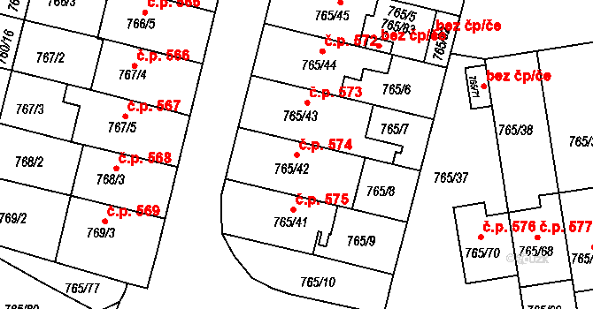 Hrušovany u Brna 574 na parcele st. 765/42 v KÚ Hrušovany u Brna, Katastrální mapa
