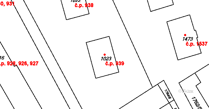 Tišnov 939 na parcele st. 1023 v KÚ Tišnov, Katastrální mapa